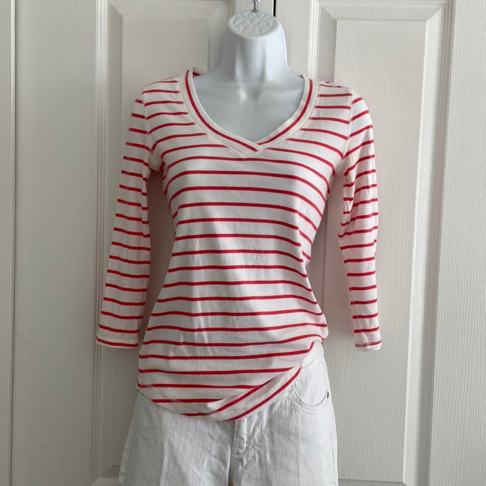 Cotton ¾ sleeve T-shirt striped coral and white